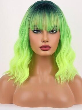 Vibrant Neon Green Ombre Women's Wig with Bangs